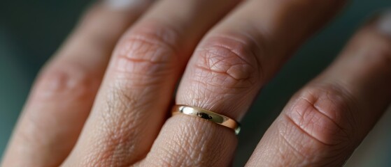 An elegant gold ring sits atop weathered hands, echoing stories of love, commitment, and the passage of time.