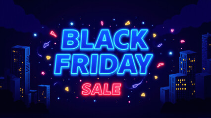 Glowing Black Friday Sale Sign Neon Text with Huge Discounts on a Dark Background