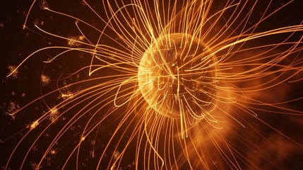 Obraz premium Abstract magnetic field visualization with glowing lines and arrows representing the flow of magnetic force around a central object in a dark, empty space.