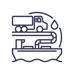 Illustration of a truck and ship with pipelines, symbolizing a distribution network.