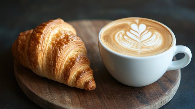 Intricate latte art in a white cup alongside a buttery croissant set against a rich dark background ideal for enhancing a cafe atmosphere