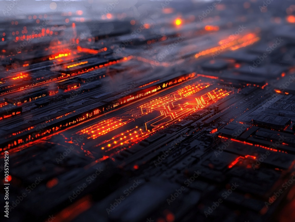 Poster exploring the intricate networks of technology through a futuristic landscape of light and motion