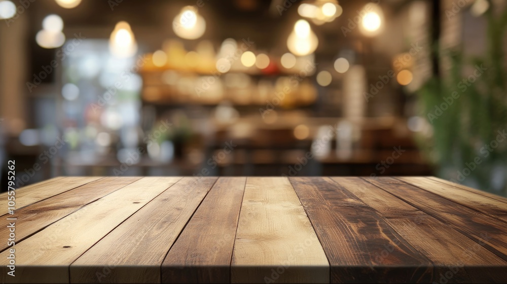 Poster wooden kitchen table with a bokeh background featuring an empty wood tabletop ideal for food display
