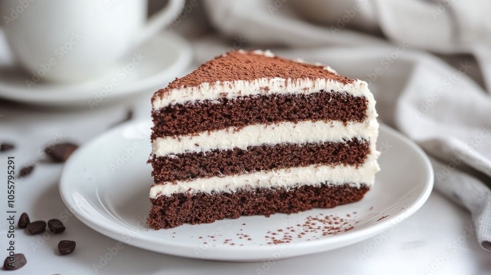 Poster A slice of chocolate cake topped with white frosting and a dusting of cocoa powder is placed on a white plate with a teacup and saucer visible in the background