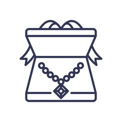 Line art of a gift bag with a ribbon and necklace, symbolizing luxury and celebration.