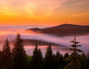 Obraz premium Evening landscape - silhouettes of fir trees on the background of bright sky and mountains