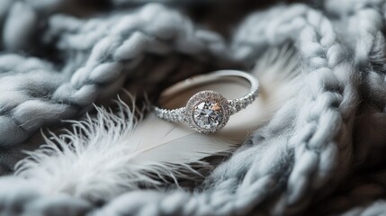 Close up of a stunning diamond ring on a finger with a soft feather and gray scarf backdrop Elegant jewelry piece