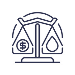 A scale balancing money and a drop, symbolizing supply and demand dynamics.