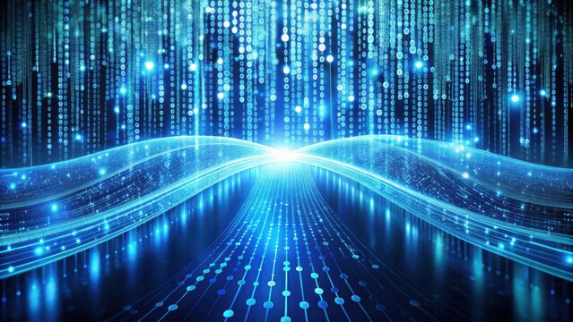 Abstract binary code streams flowing like rivers in a digital background