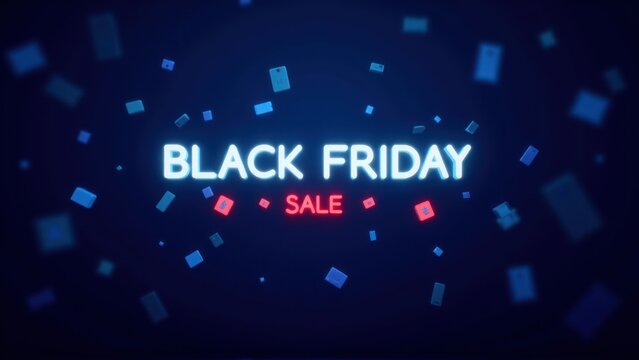 Glowing Black Friday Sale Sign Neon Text with Huge Discounts on a Dark Background