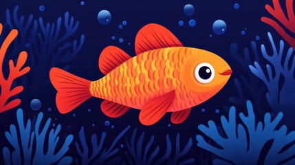 Fototapeta premium Cheerful Cartoon Blowfish Swimming Near Coral Reef
