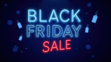 Glowing Black Friday Sale Sign Neon Text with Huge Discounts on a Dark Background