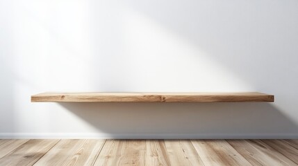 Floating wooden shelf mounted on a white wall complemented by a wooden floor in a contemporary setting