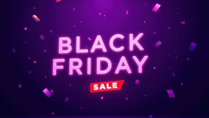 Glowing Black Friday Sale Sign Neon Text with Huge Discounts on a Dark Background