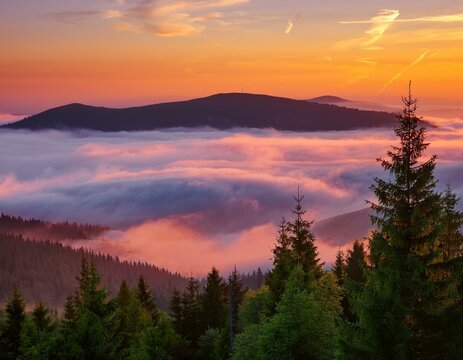 Evening landscape - silhouettes of fir trees on the background of bright sky and mountains - Powered by Adobe