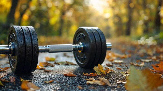 A dumbbell with weights is positioned on an outdoor surface, capturing the light and environment, suitable for outdoor exercises and healthy, active lifestyles. Video