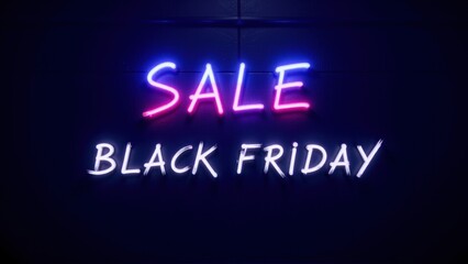 Glowing Black Friday Sale Sign Neon Text with Huge Discounts on a Dark Background