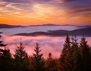 Fototapeta premium Evening landscape - silhouettes of fir trees on the background of bright sky and mountains