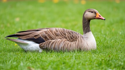 Obraz premium Breeding adult greylag goose resting on lush green grass