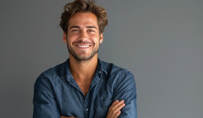 Fototapeta premium Smiling Man In Denim Shirt Against Gray Wall