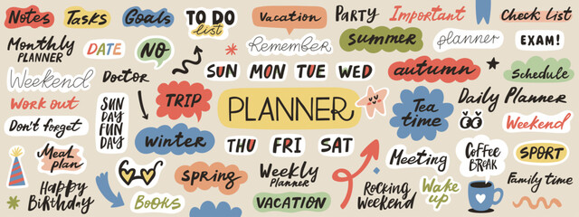 Planner stickers collection. Bundle of weekly or daily diary with trendy lettering words and design elements. Vector illustration