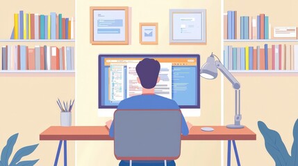 Fototapeta premium A man is sitting at a desk with a computer monitor in front of him