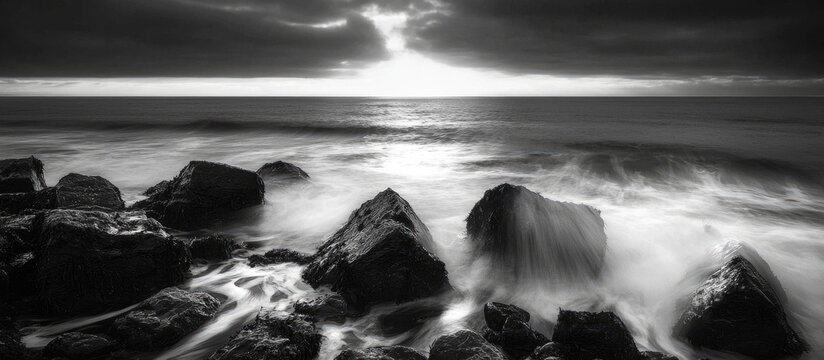Sea Waves Crashing Against Coastal Dark Rocks At Sunrise Black And White Long Time Exposure