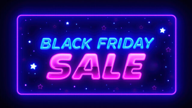 Glowing Black Friday Sale Sign Neon Text with Huge Discounts on a Dark Background