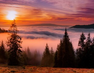 Obraz premium Evening landscape - silhouettes of fir trees on the background of bright sky and mountains