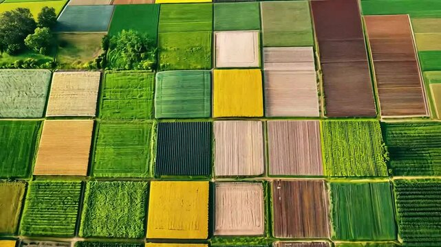 An aerial view of a patchwork of agricultural fields, showcasing various crops and colors, illustrating the diversity of farming practices.