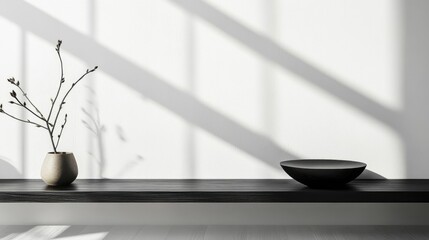 Minimalistic black table set against a white wall background ideal for showcasing or arranging products High quality image