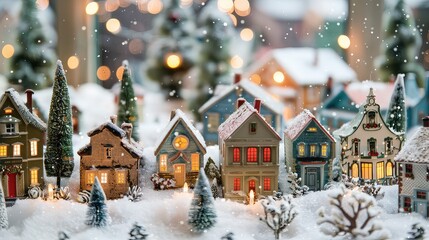 Fototapeta premium A tabletop Advent village scene with miniature houses, trees, and snow for a festive display.