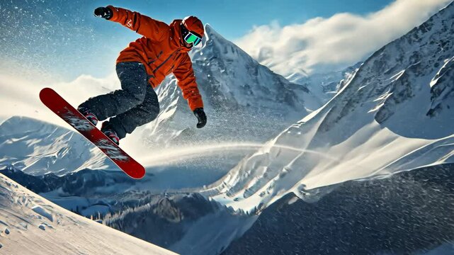 Snowboarder executing a backflip in a snow park, with snowy peaks and a bright winter sky in the background. . Video