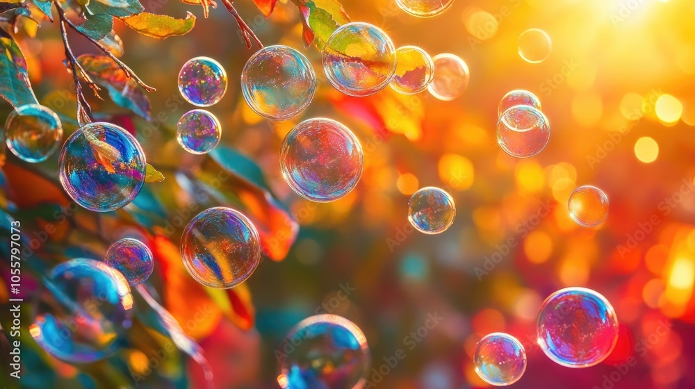 Aufkleber A vibrant array of soap bubbles illuminated by warm sunlight set against a colorful background