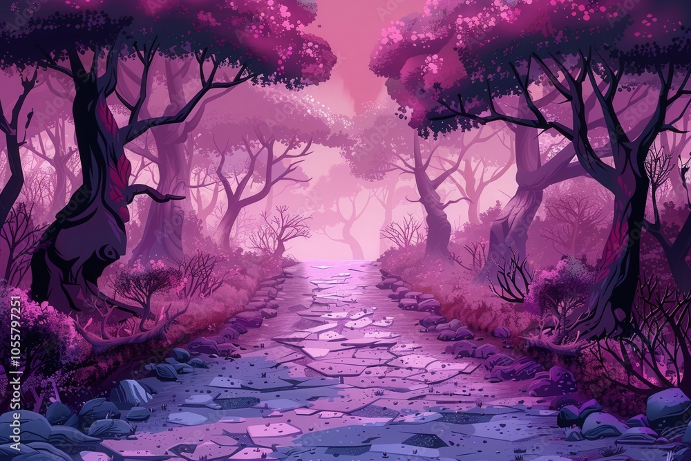 Poster A forest with pink trees and a path