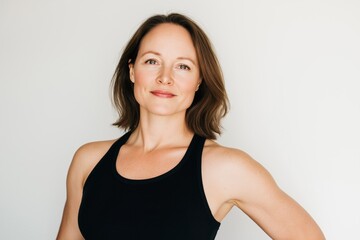 Obraz premium A woman in a black tank top poses for a photo. She has a smile on her face and she is confident and happy