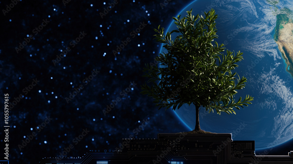 Poster digital tree growing on circuit board with planet in background symbolizes fusion of nature and tech