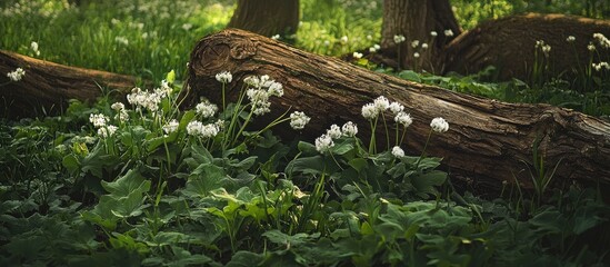 Two Fallen Trees Laying In A Sea Of Freshly Growing Wild Garlic