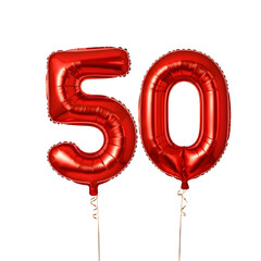 Fototapeta premium Red number 50 shaped balloon isolated on white background 