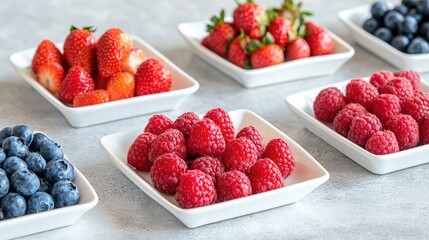 Assorted berries including raspberries strawberries and blueberries arranged in small white plates showcasing their vibrant colors and nutritional benefits