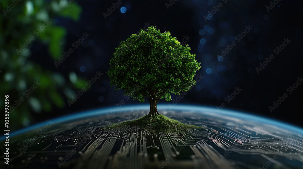 Poster vibrant tree growing on circuit board, symbolizing nature and technology. digital planet backdrop en