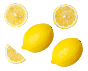 Fototapeta premium Top view set of fresh ripe yellow lemon fruits with halves and slices or quarters isolated with clipping path in png file format
