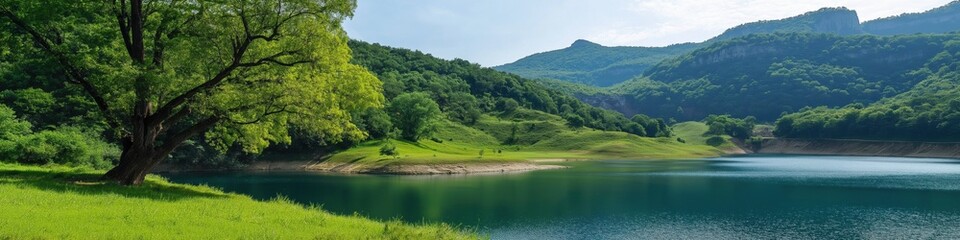 A beautiful lake surrounded by trees and mountains. The water is calm and clear, reflecting the sky and the trees. The scene is peaceful and serene, with the trees providing a sense of tranquility