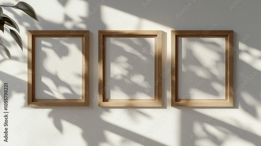 Poster set of 3 minimalistic wooden empty frames for mockup on a neutral boho background featuring shadow e