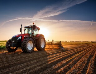 Obraz premium Tractor working on the barley field by sunset.