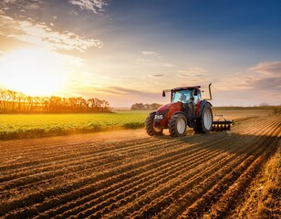 Obraz premium Tractor working on the barley field by sunset.