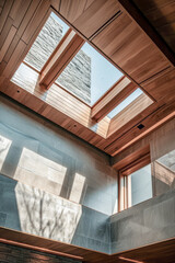 Obraz premium Modern Architectural Skylight with Natural Light and Wooden Ceiling Accents