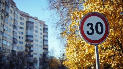 Square shaped speed limit sign indicating 30 km h in front of residential buildings