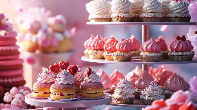 A vibrant display of colorful desserts, featuring cupcakes, macarons, and pastries.