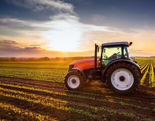 Fototapeta premium Tractor working on the barley field by sunset.